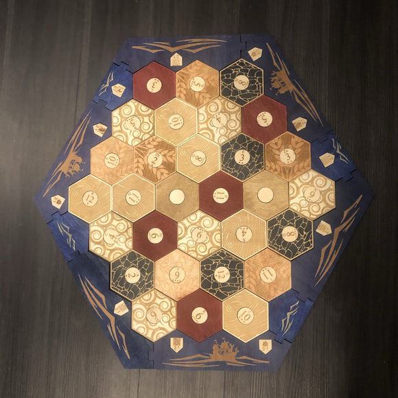 5-6 Player Blue Stained Catan Compatible Board Set with Laser Etched Terrain, Border and Number Pieces - CCHobby