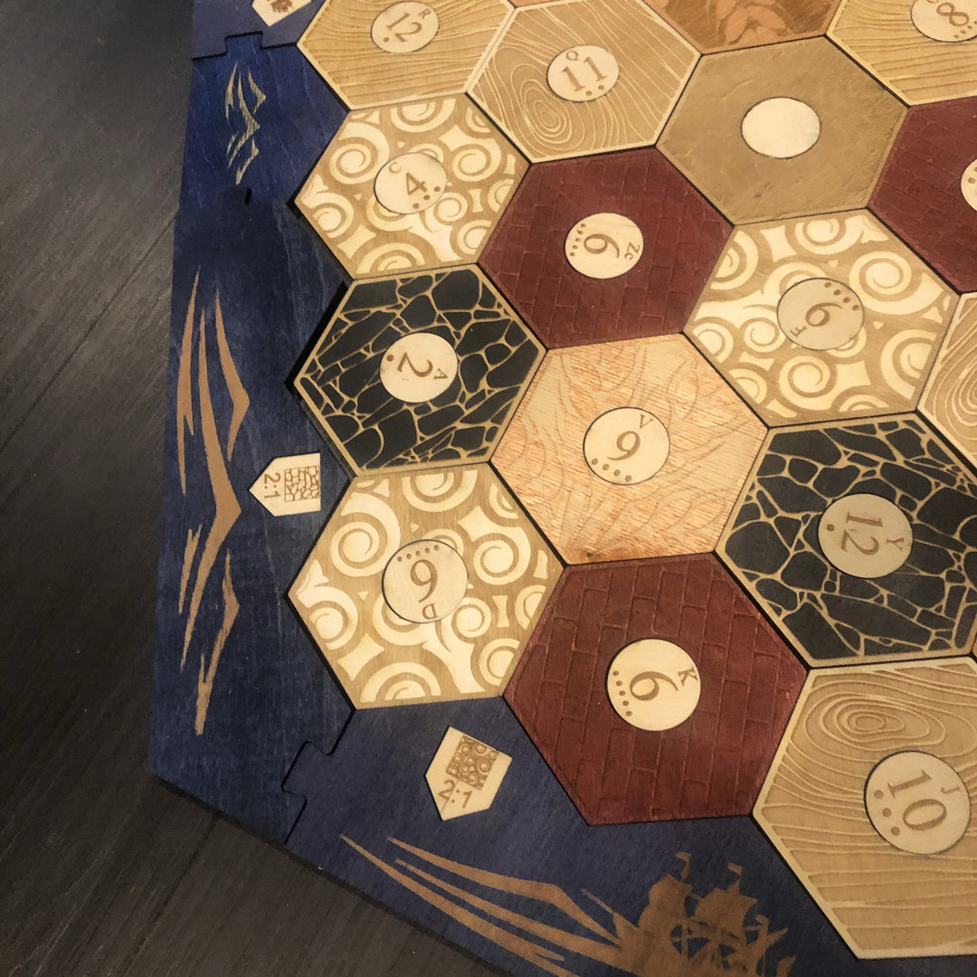 5-6 Player Blue Stained Catan Compatible Board Set with Laser Etched Terrain, Border and Number Pieces - CCHobby