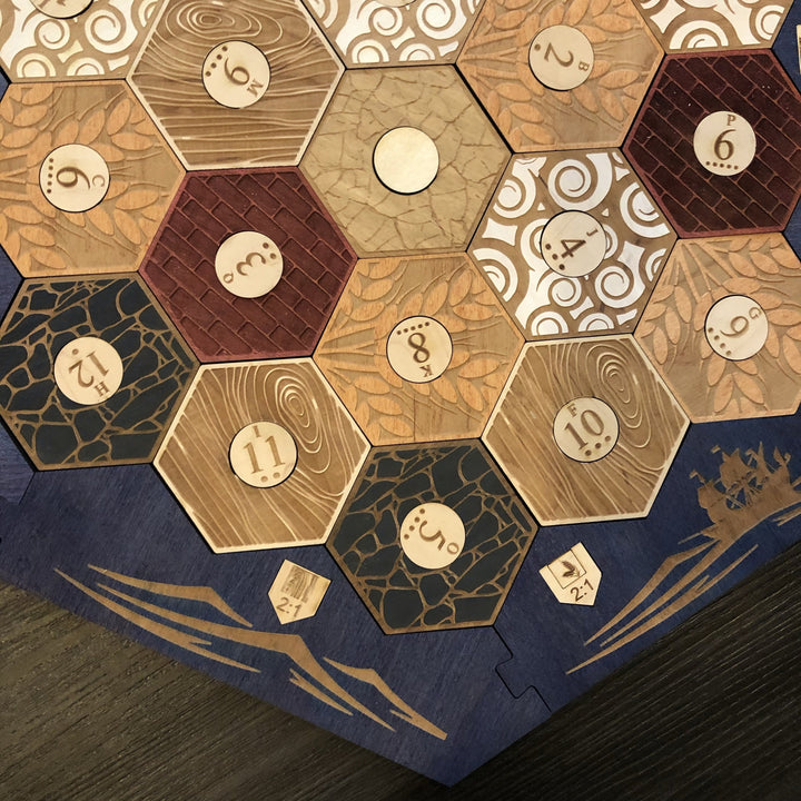 Blue Stained Catan Compatible Board Set with Laser Etched Terrain, Border and Number Pieces - CCHobby