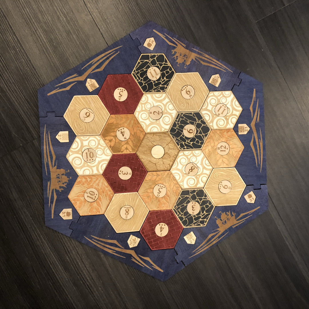 Blue Stained Catan Compatible Board Set with Laser Etched Terrain, Border and Number Pieces - CCHobby