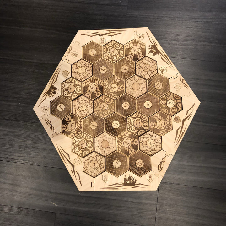 Custom Engraved 5-6 Player Settlers of Catan Board Set with Laser Etched Terrain, Border and Number Pieces - CCHobby