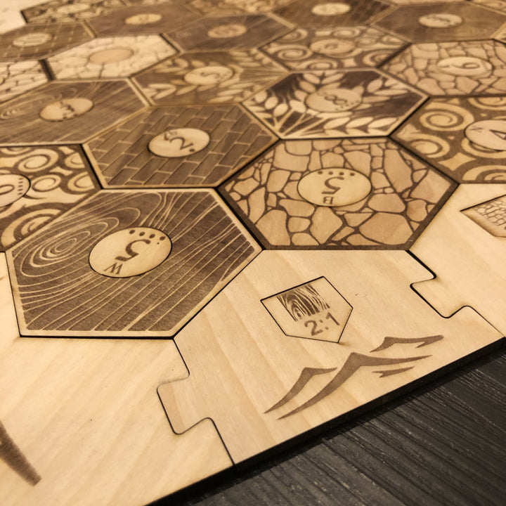 Custom Engraved 5-6 Player Settlers of Catan Board Set with Laser Etched Terrain, Border and Number Pieces - CCHobby