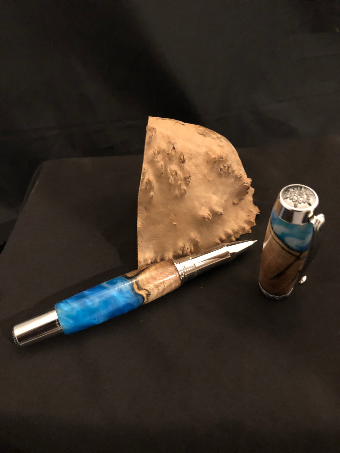 Majestic Rollerball Pen with Maple Burl and Blue Resin